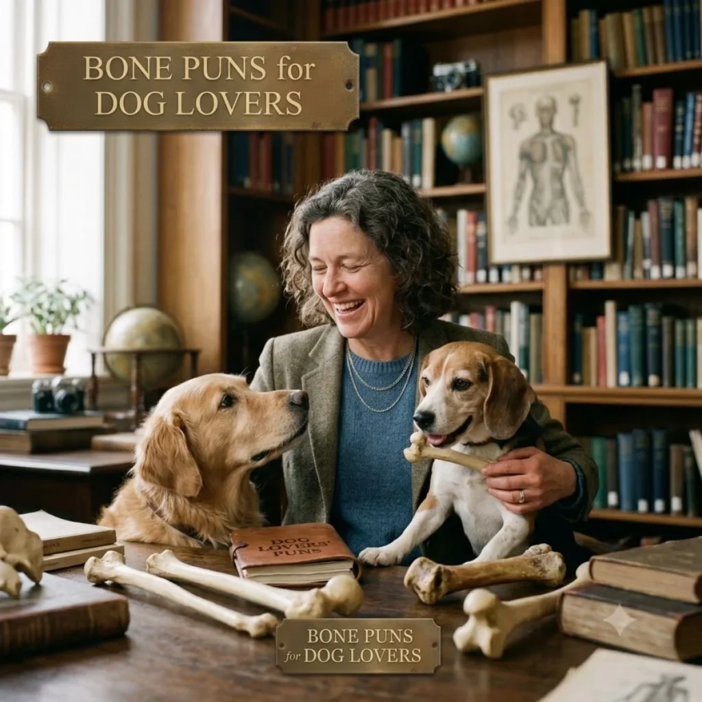 Smiling woman sitting with a golden retriever and beagle at a library desk, perfect for bone puns for dog lovers.