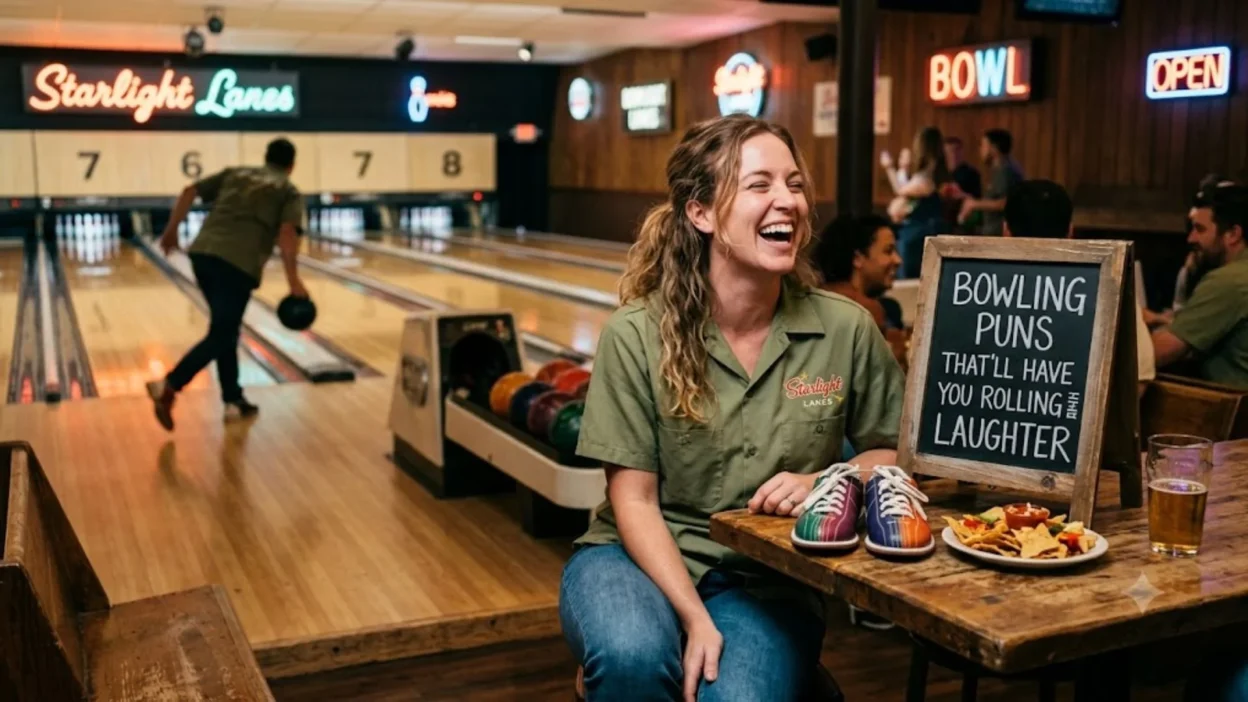 A woman laughing at a bowling alley table next to a chalkboard sign that reads Bowling Puns That'll Have You Rolling with Laughter