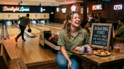 A woman laughing at a bowling alley table next to a chalkboard sign that reads Bowling Puns That'll Have You Rolling with Laughter