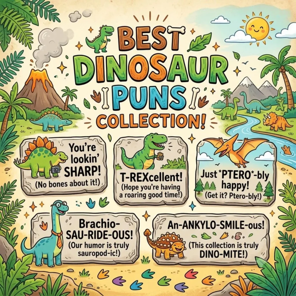 Cute cartoon dinosaur puns with funny jokes in a prehistoric landscape. (70 characters)