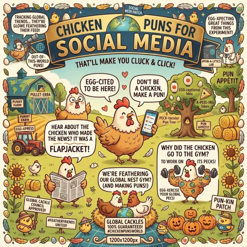 Cartoon chickens sharing puns about social media, global trends, and fitness on a vibrant, illustrative farm.
