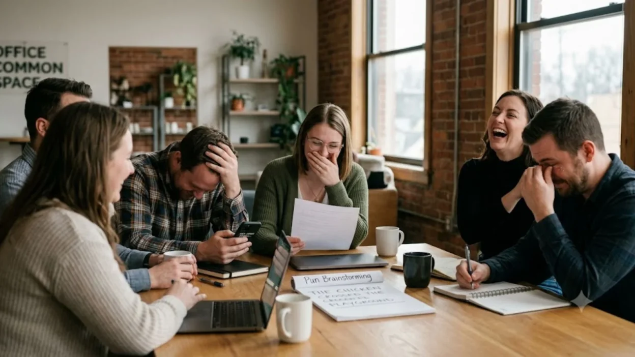 A group of coworkers laughing and groaning at puns around a conference table in a modern brick office.
