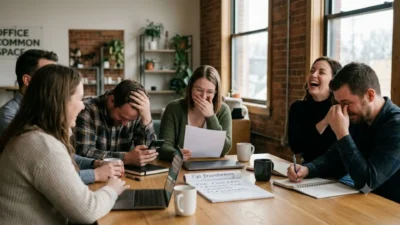 A group of coworkers laughing and groaning at puns around a conference table in a modern brick office.