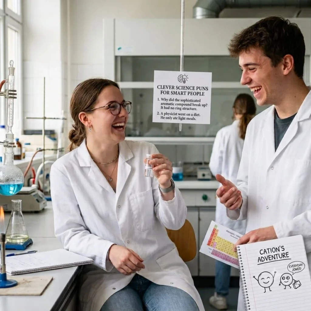 Two young scientists laughing in a laboratory by a hanging sign displaying clever science jokes.