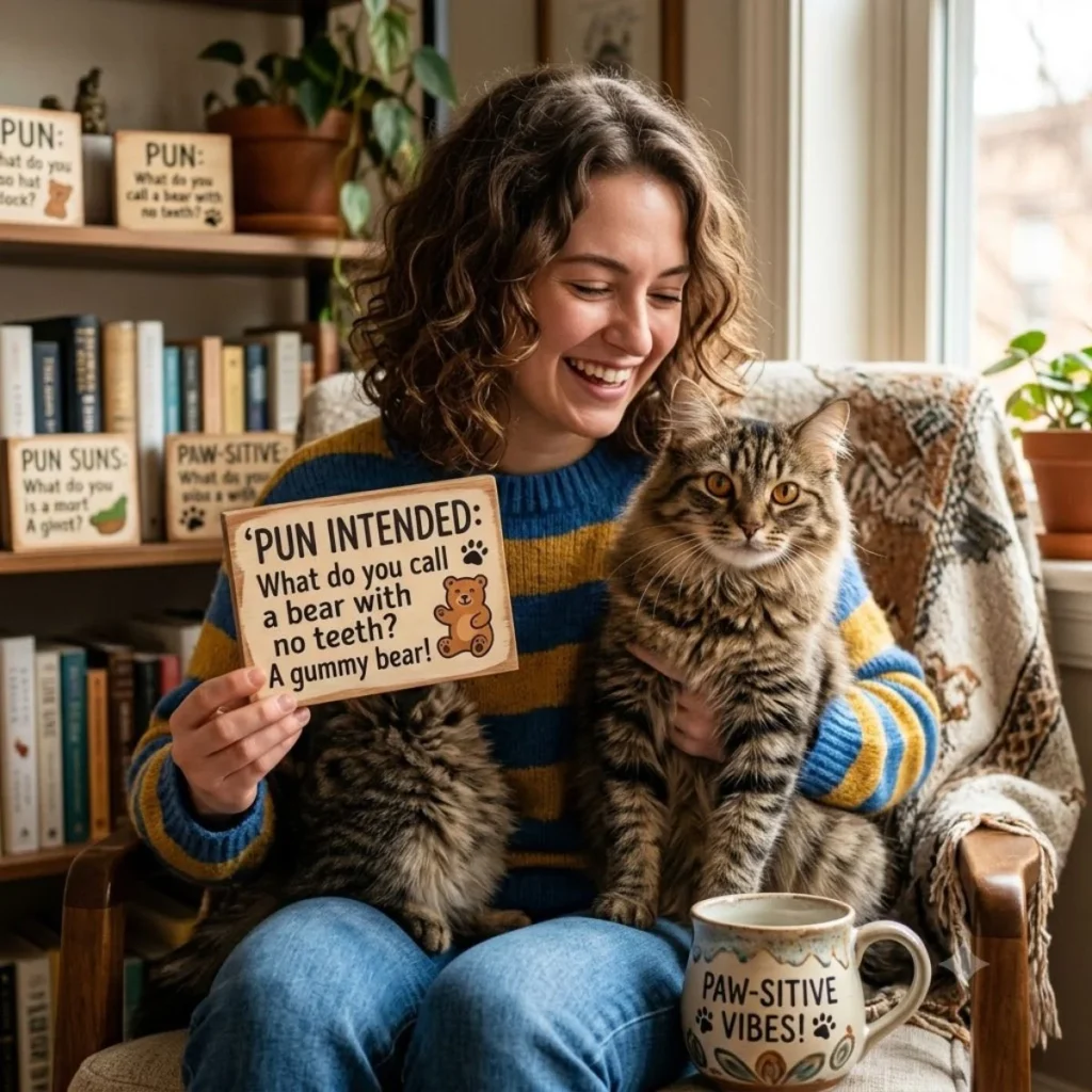 Smiling woman holding a fluffy cat and a wooden sign with clever animal puns.