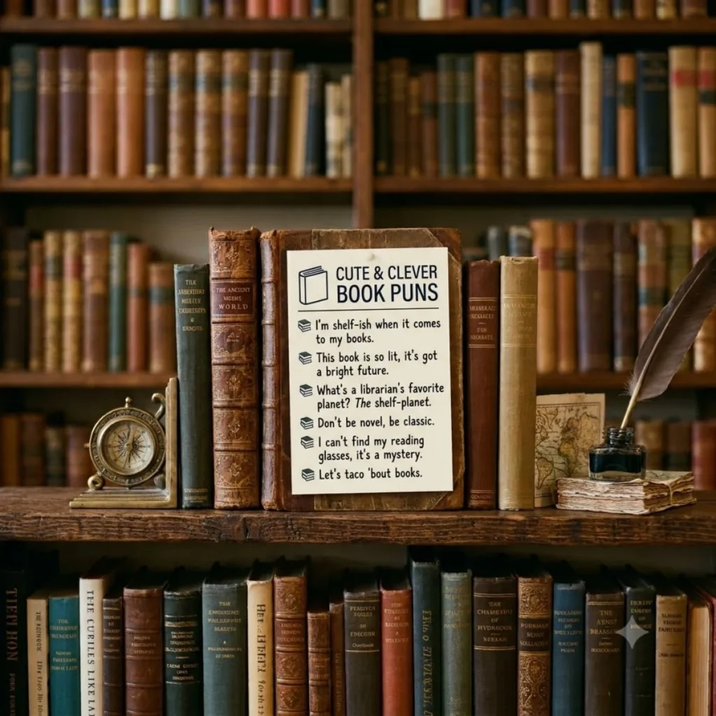 A list of cute and clever book puns pinned to a vintage leather book on a library shelf.
