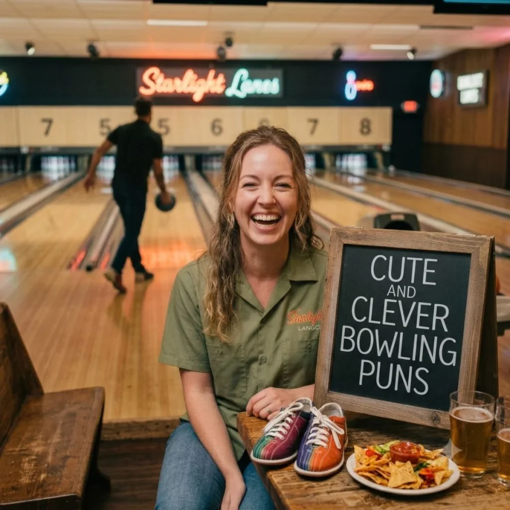 A woman laughing at a table in a bowling alley next to a chalkboard sign that reads Cute and Clever Bowling Puns