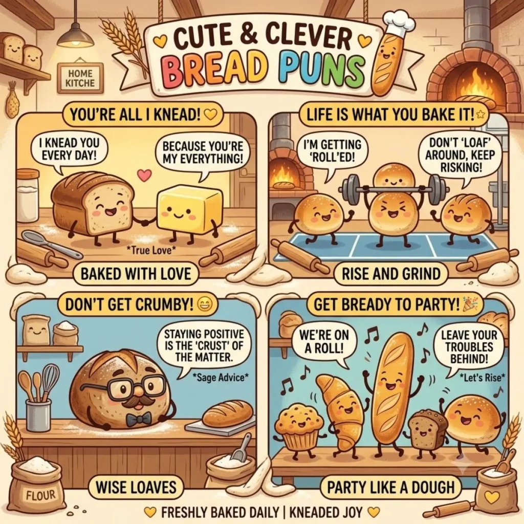 Four panel comic showing cute cartoon bread characters telling clever baking puns in a warm kitchen