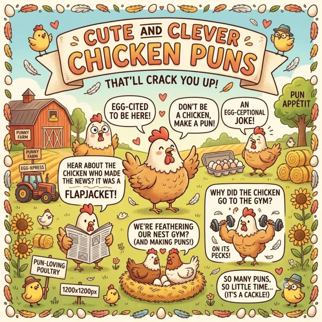 : Cartoon farm scene filled with cute chickens sharing clever chicken and egg puns in speech bubbles.