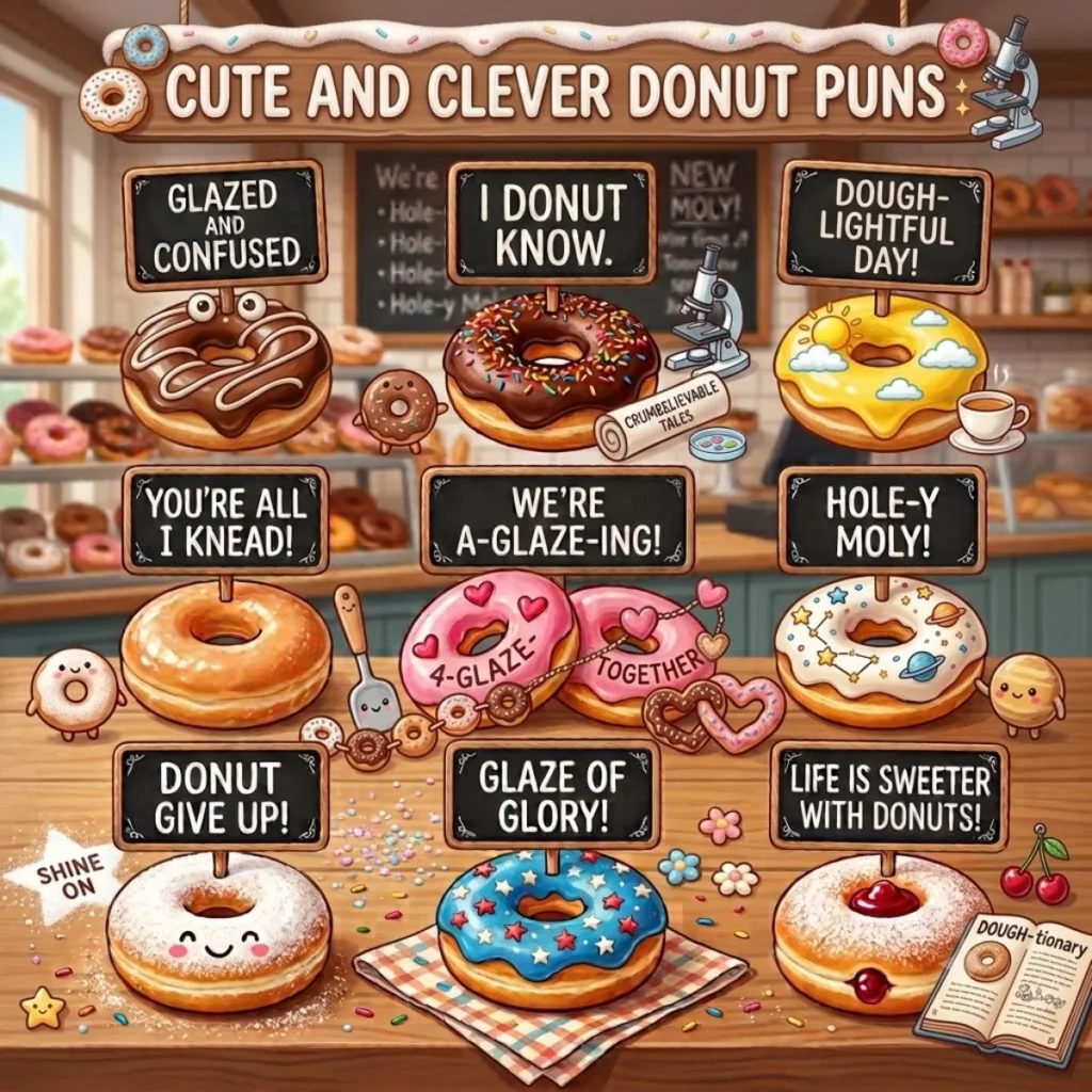 Adorable decorated donuts with clever pun signs on a wooden bakery counter.