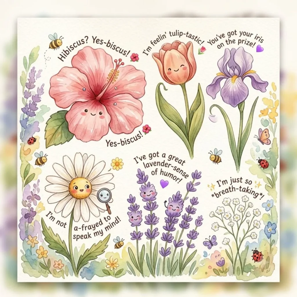 Whimsical watercolor illustration of cute flowers with smiling faces and clever puns written in handwriting