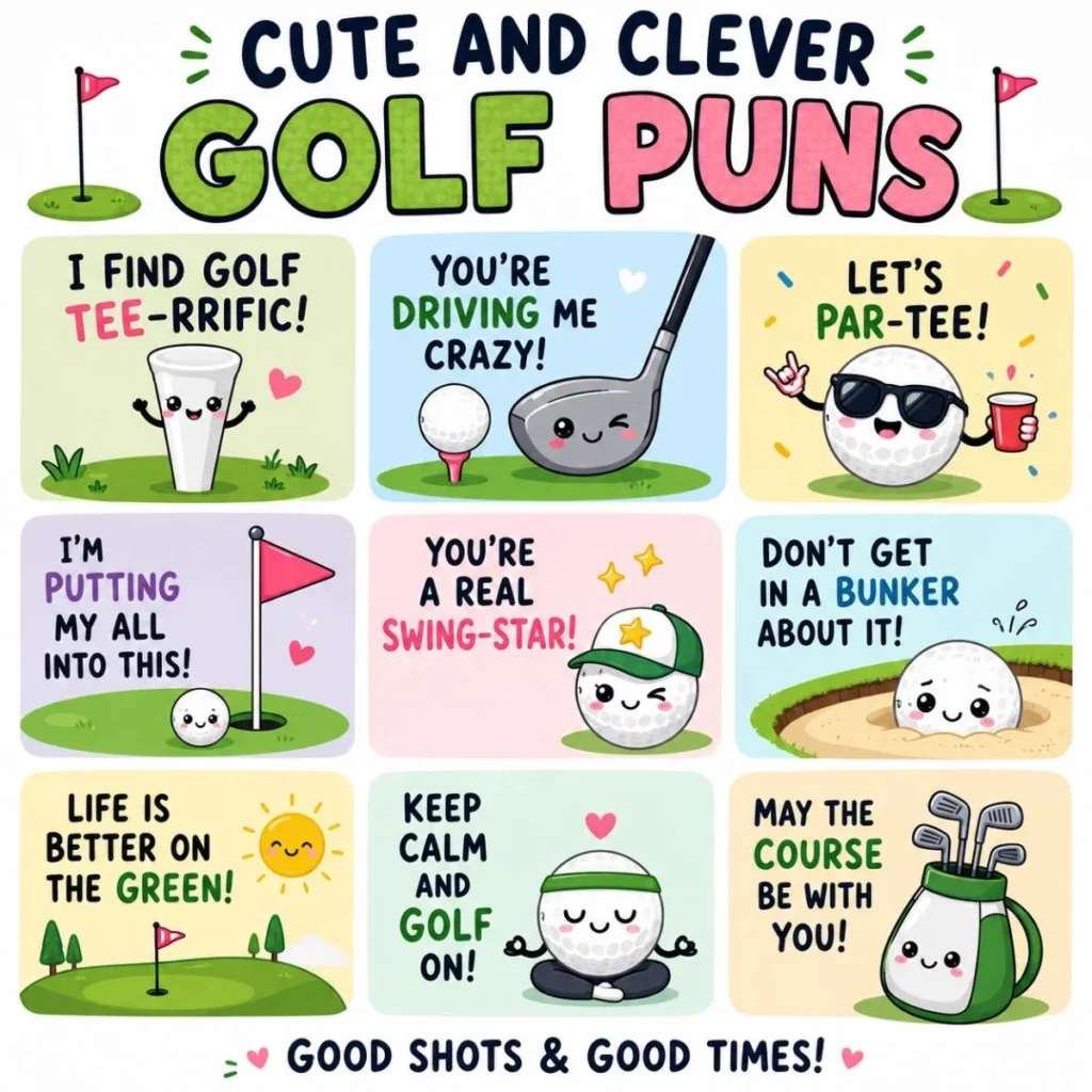 Cute and clever golf puns infographic with adorable golf ball, club, flag, and fun golf-themed cartoon illustrations.