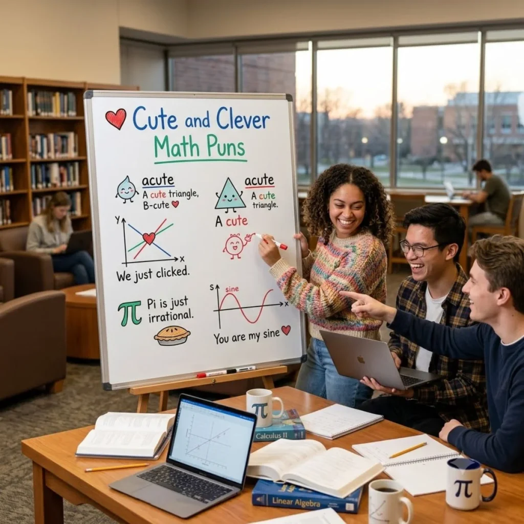 Three university students laugh next to a whiteboard titled Cute and Clever Math Puns with drawings.