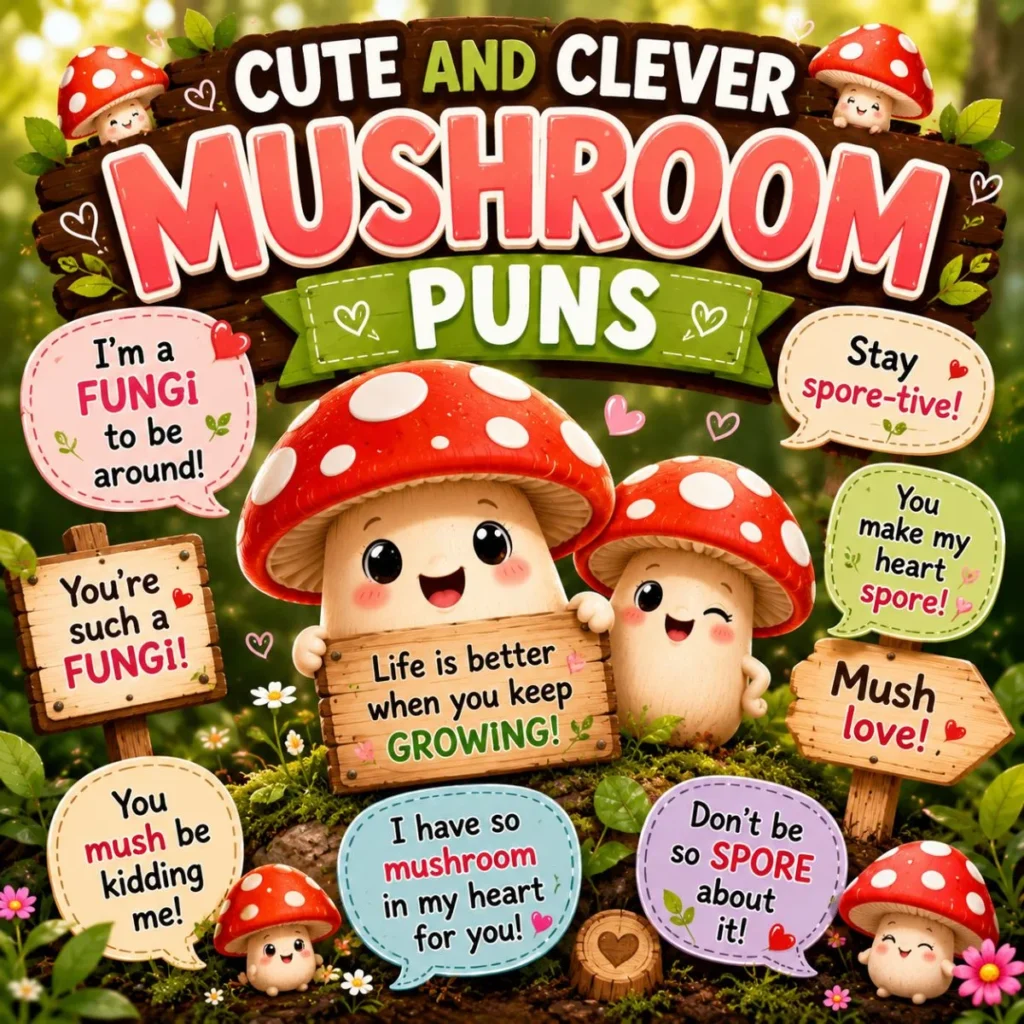 Cute and clever mushroom puns illustration with smiling cartoon mushrooms and heartwarming woodland speech bubbles