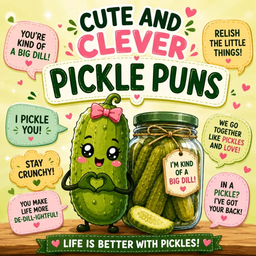 Cute and clever pickle puns illustration with an adorable cartoon pickle, hearts, and a jar of crunchy pickles