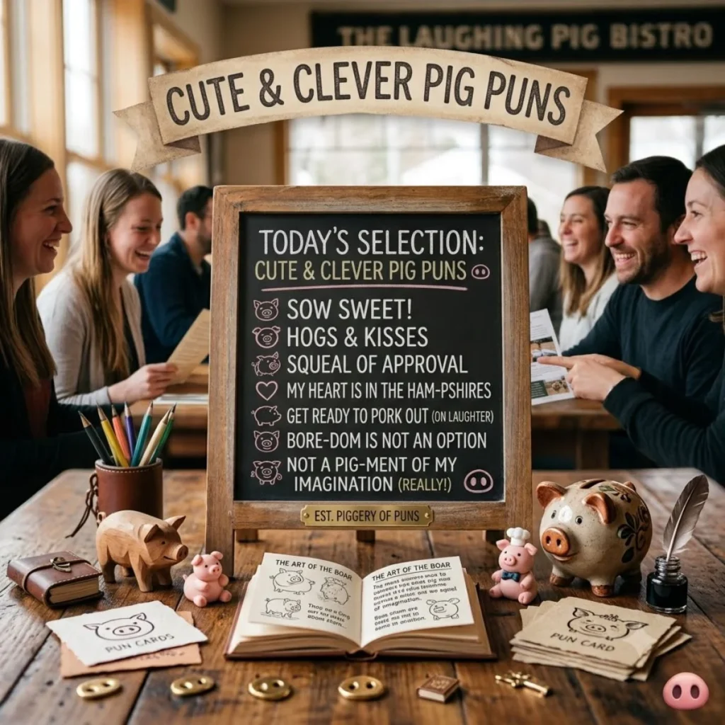 A chalkboard sign listing cute and clever pig puns on a wooden table surrounded by pig figurines and smiling friends.