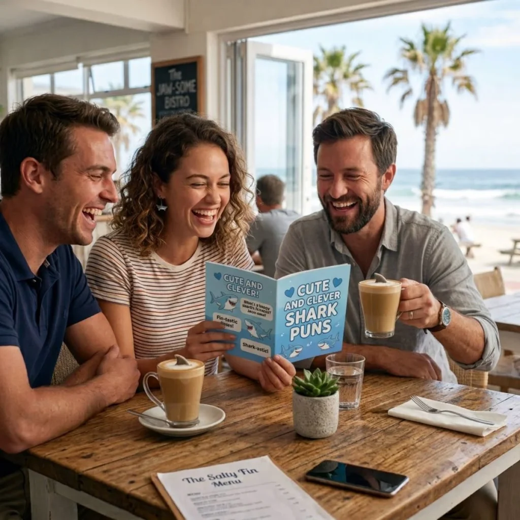 Three happy friends laughing at a beachside cafe while looking at a book of cute and clever shark puns.