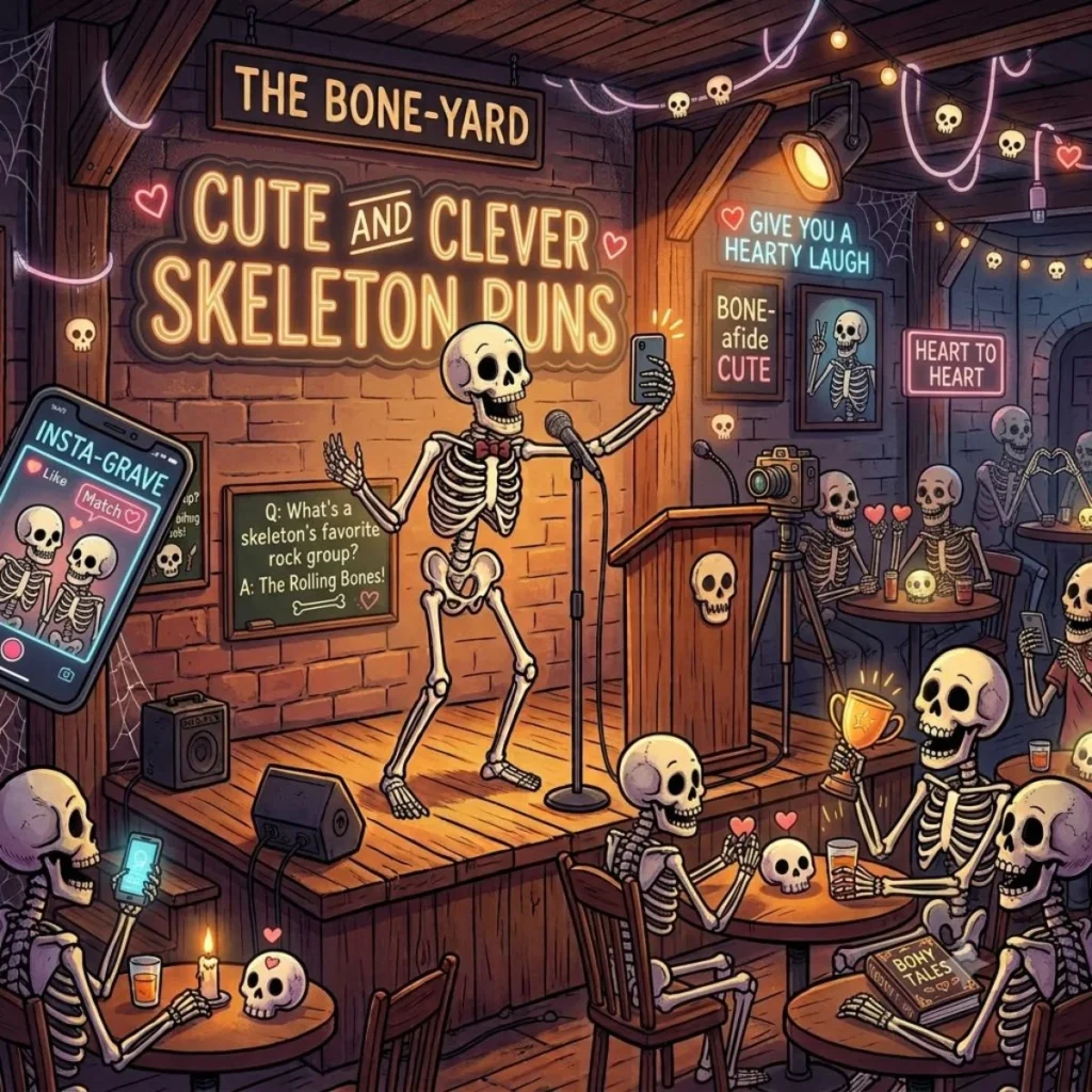 A friendly cartoon skeleton on stage sharing sweet puns with a smiling skeleton audience in a decorated club.
