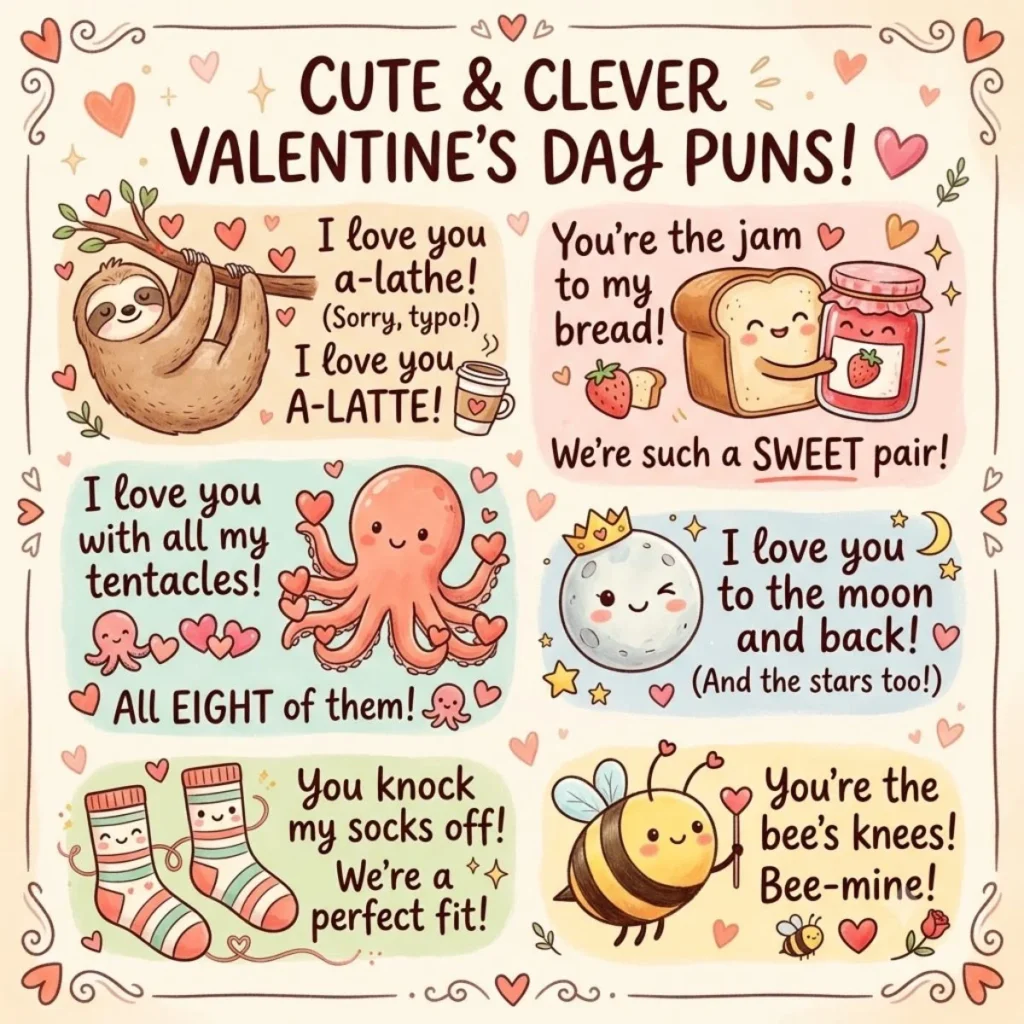 Charming grid graphic featuring cute and clever Valentines Day puns with whimsical pastel illustrations.
