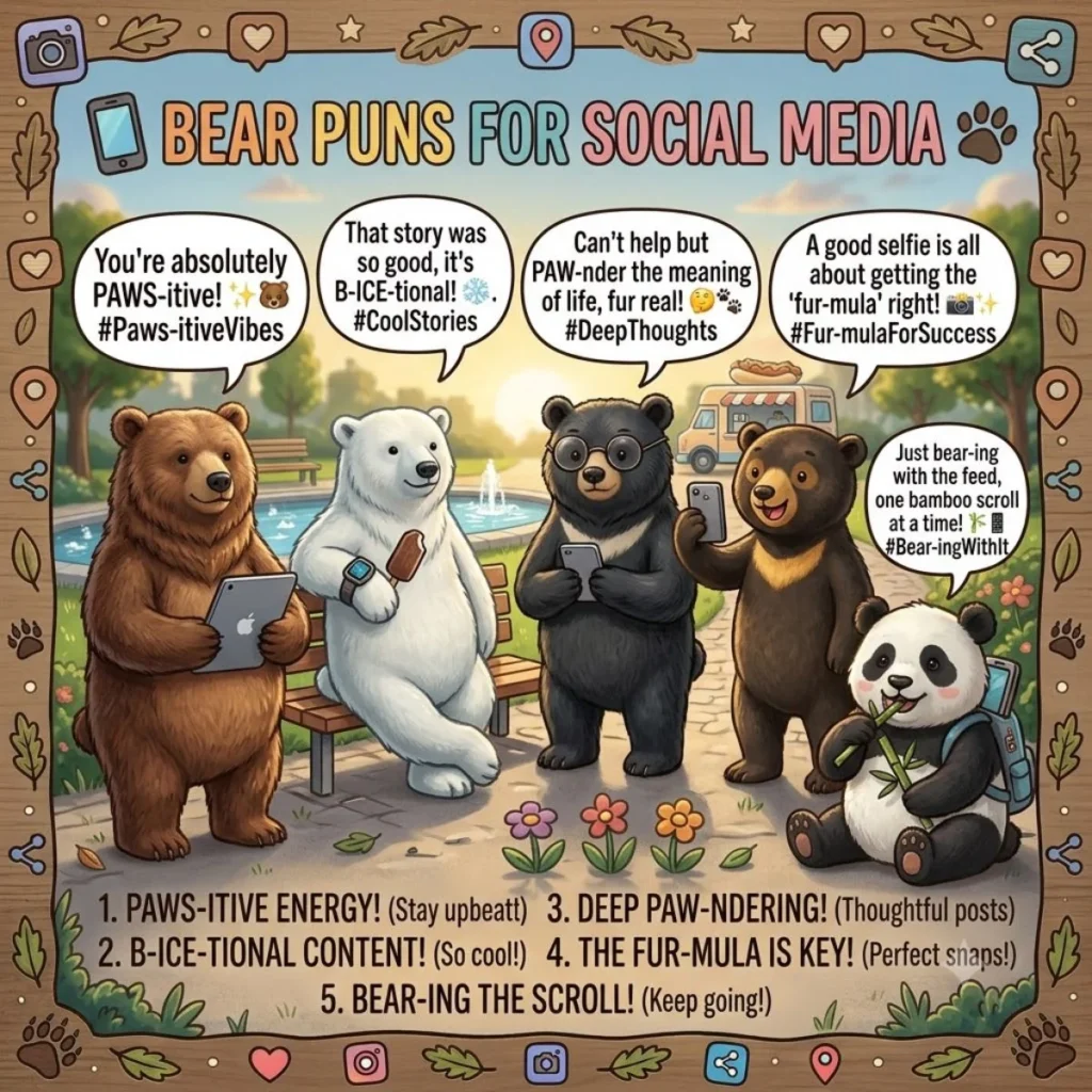 Illustrated bears in a park using phones and tablets with funny social media puns in bubbles.