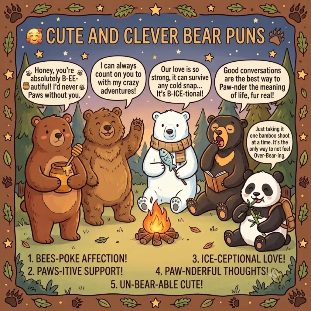 An illustration of five diverse cartoon bears gathered around a campfire in the woods, each sharing a sweet and funny pun.