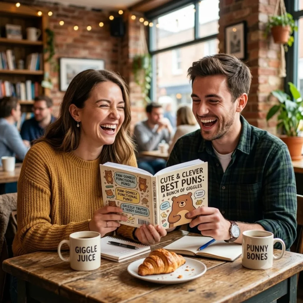 A man and woman laughing out loud while holding an open book titled Cute and Clever Best Puns at a cafe.
