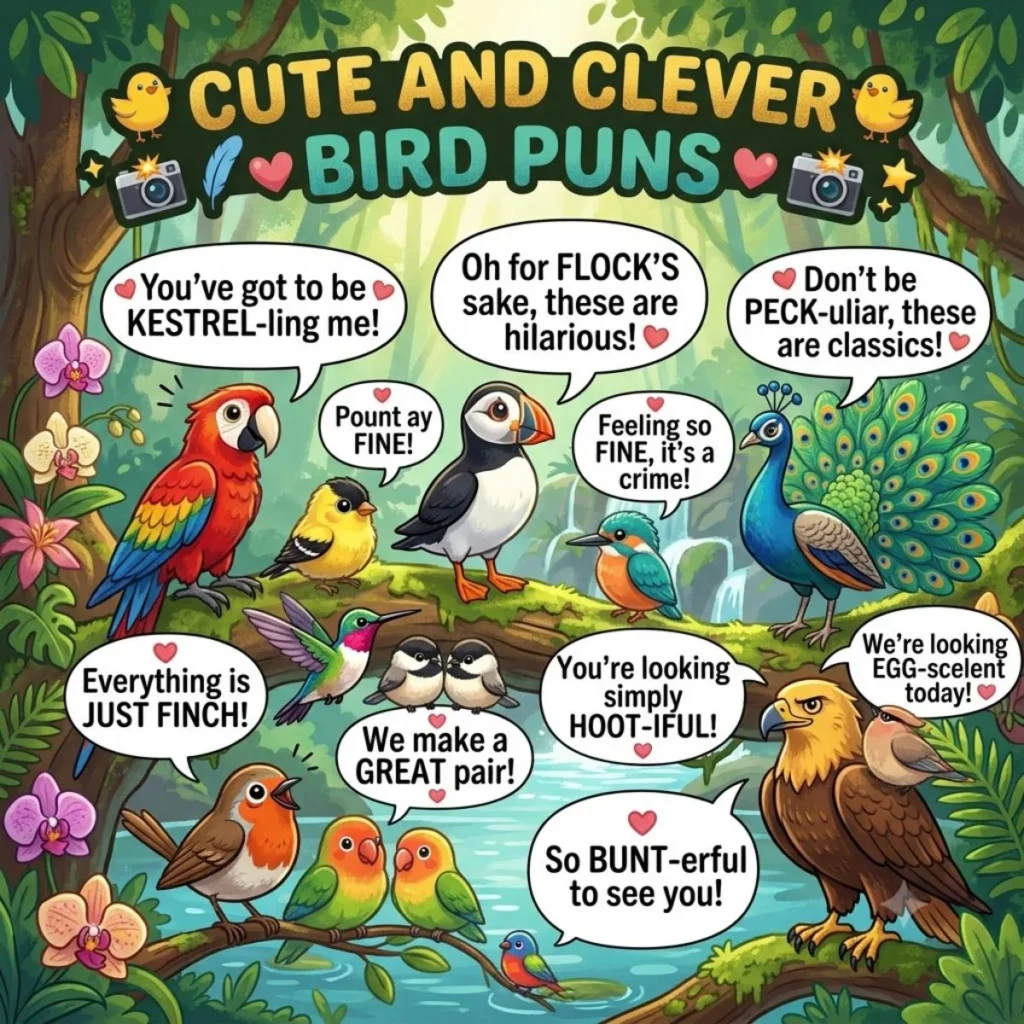 Cartoon illustration of cute birds in a jungle sharing clever bird puns with speech bubbles.