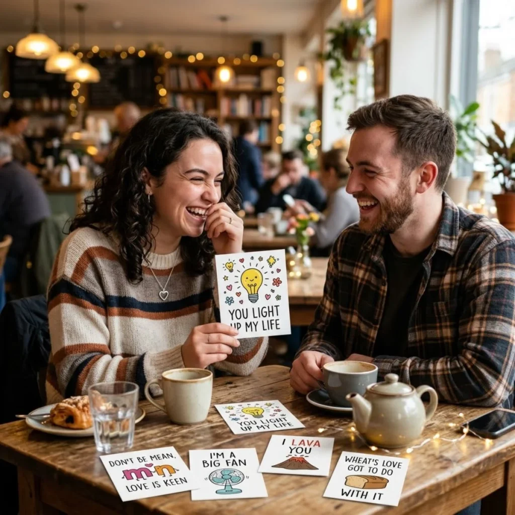 A couple laughing at a cozy cafe table with cute and clever good puns printed on small illustrated cards.