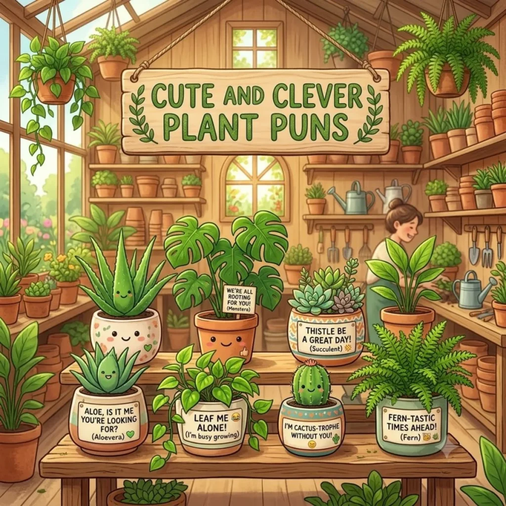 Smiling cartoon plants with clever pun signs inside a sunny wooden greenhouse