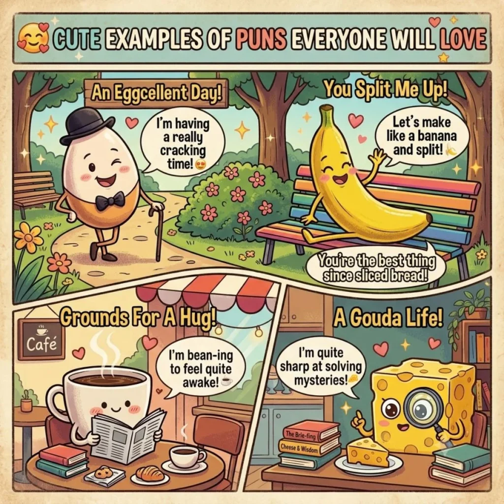 Four vintage style comic panels showing cute animated food items sharing sweet and loving puns.