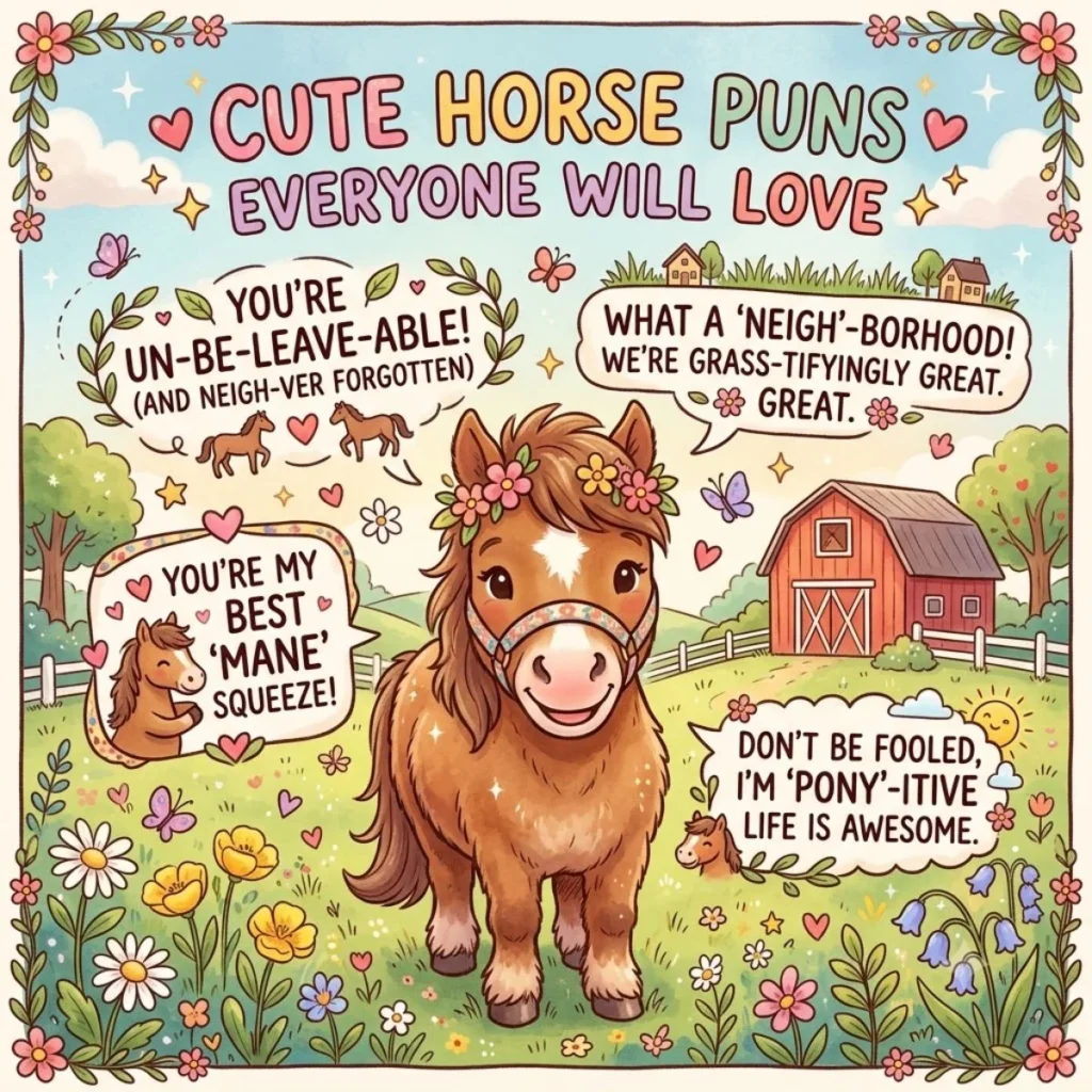 Cute cartoon horse illustration with wholesome horse puns and speech bubbles on a sunny farm backdrop.