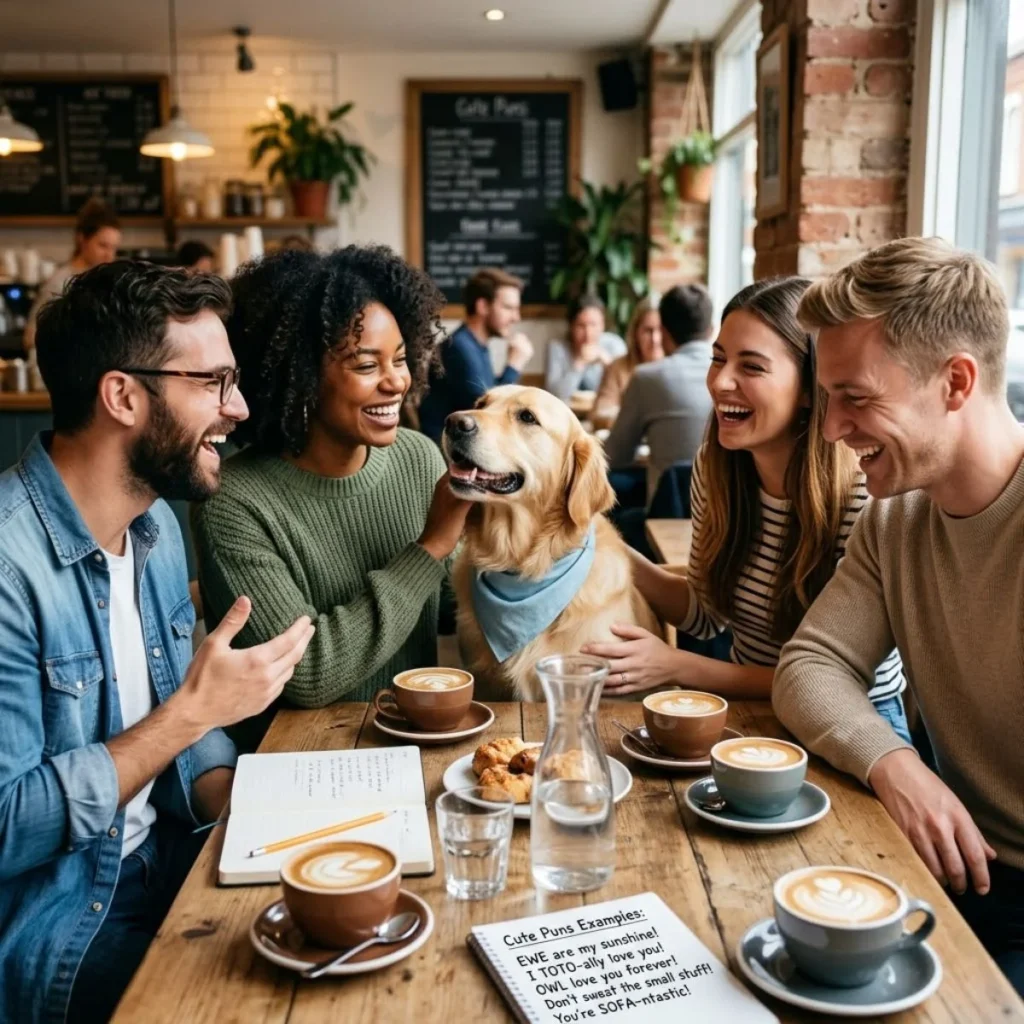 A group of friends laughing at a cafe table with a golden retriever and a list of cute puns examples.
