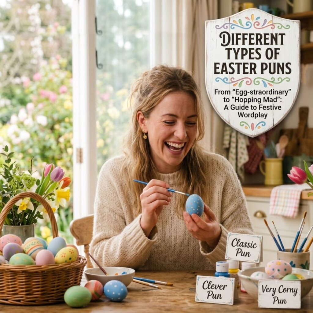 A laughing woman painting a blue egg next to a sign about different types of Easter puns