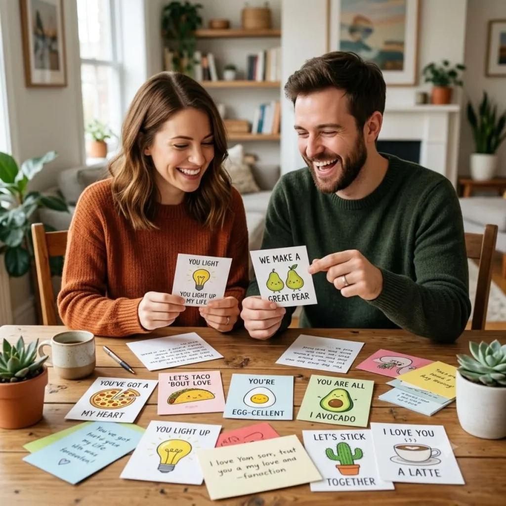 A cheerful couple smiles while holding and looking through a variety of illustrated romantic pun cards on a wooden table.