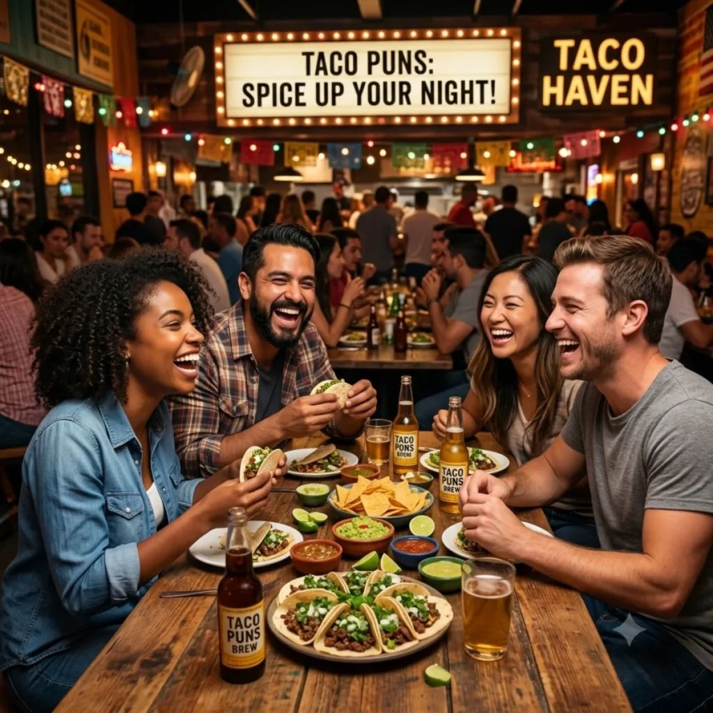 Diverse friends laughing together at a restaurant table filled with street tacos, chips, and beer bottles