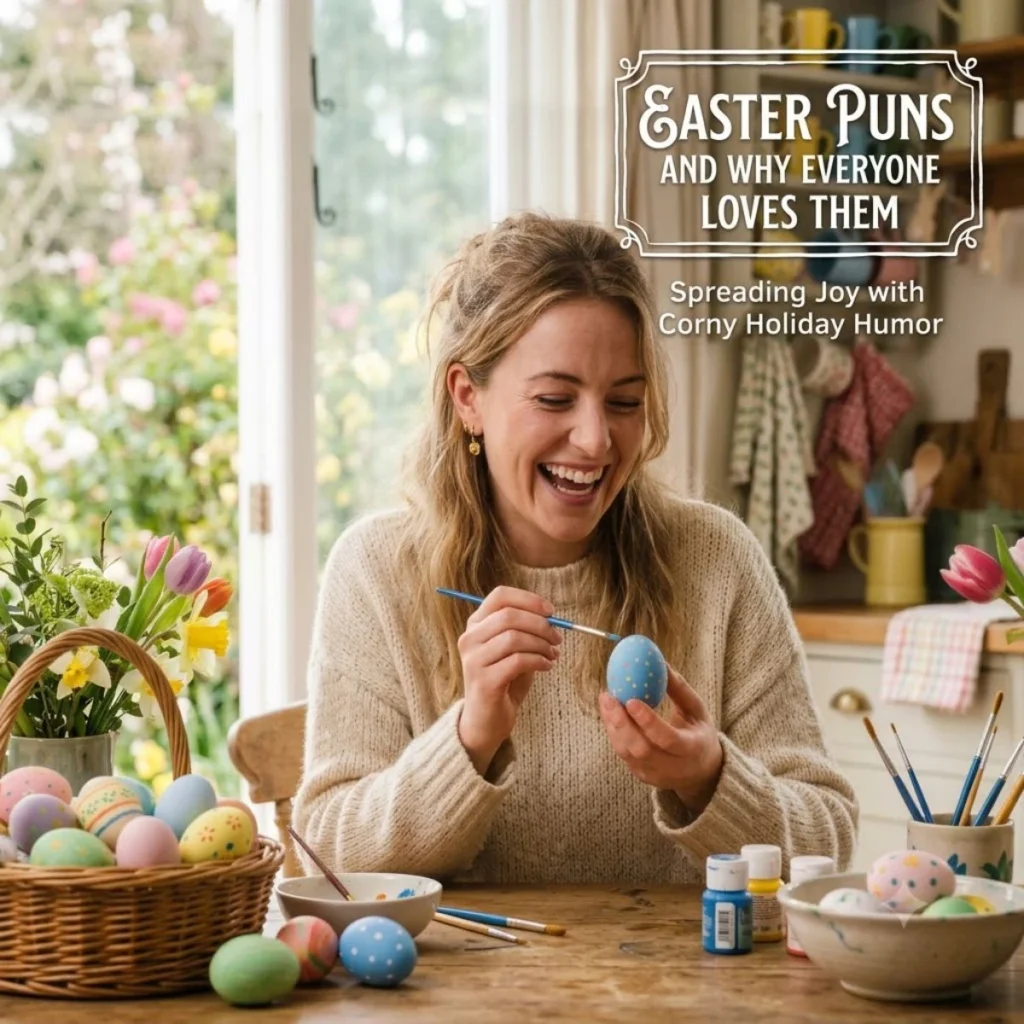 A laughing woman painting a blue egg at a kitchen table with text overlays about Easter puns