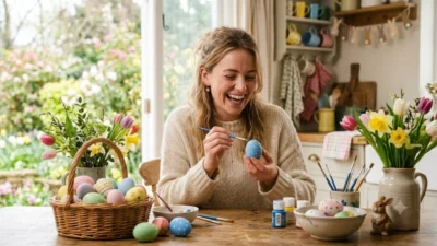 A woman laughing while painting a blue Easter egg at a wooden table filled with spring decorations