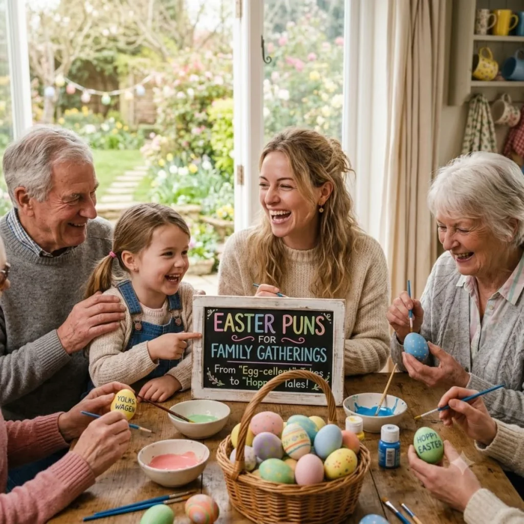 A multigenerational family laughing together at a wooden table while holding a sign about family Easter puns