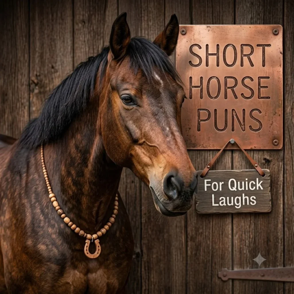 Brown horse in a stable wearing a unique wooden horseshoe necklace next to a rustic copper sign.