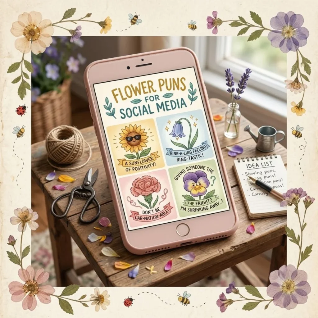 Smartphone lying on a rustic wooden table displaying a graphic with four illustrated flower puns on its screen