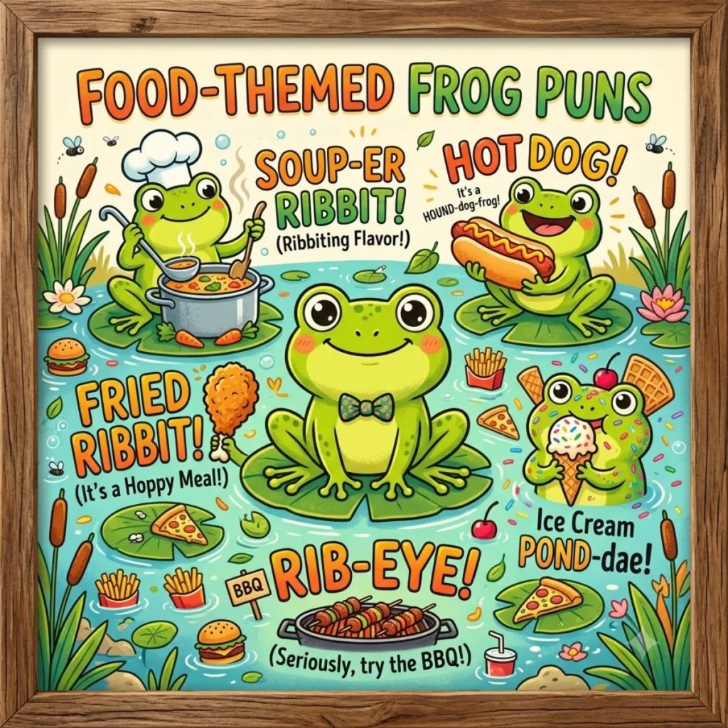 Infographic of cute cartoon frogs with funny food-themed puns like soup-er ribbit and rib-eye.