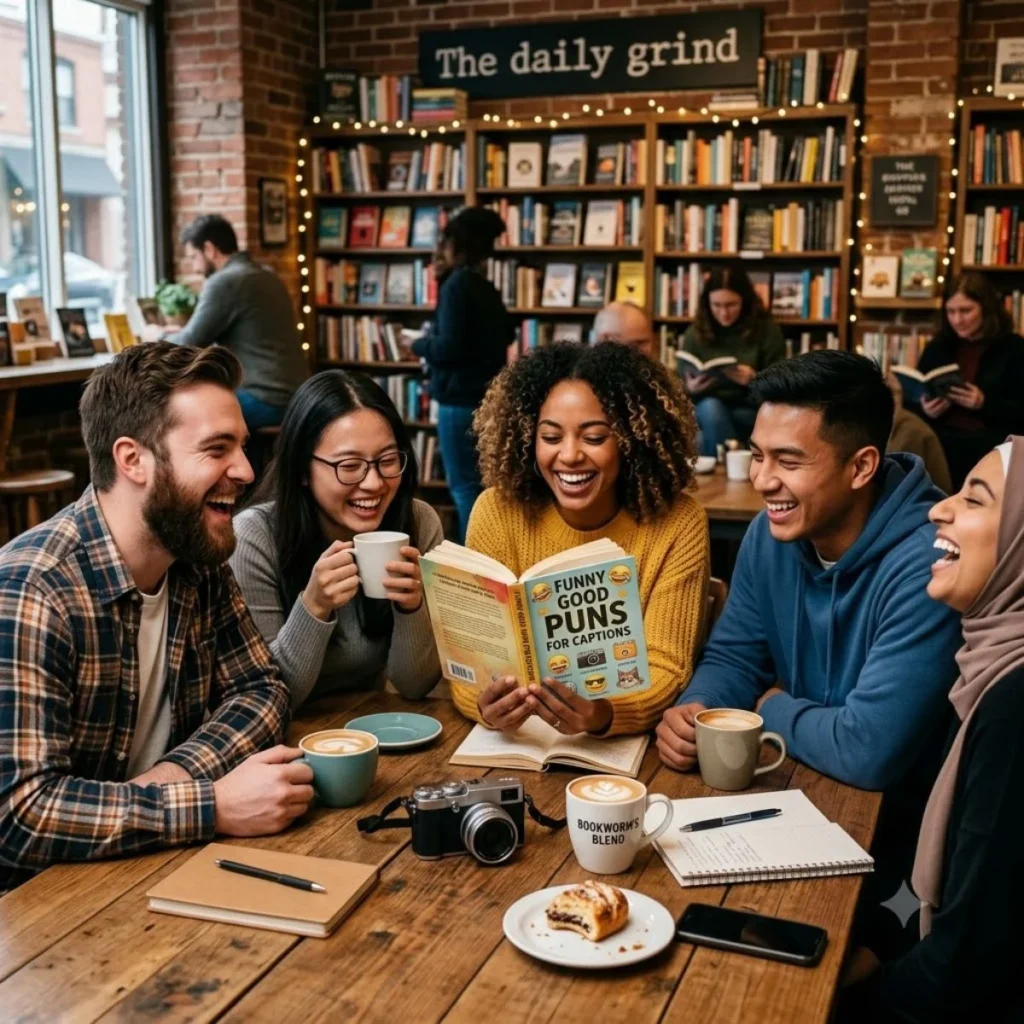 Five diverse friends laughing together while reading a book of funny good puns for captions inside a cozy bookstore cafe.