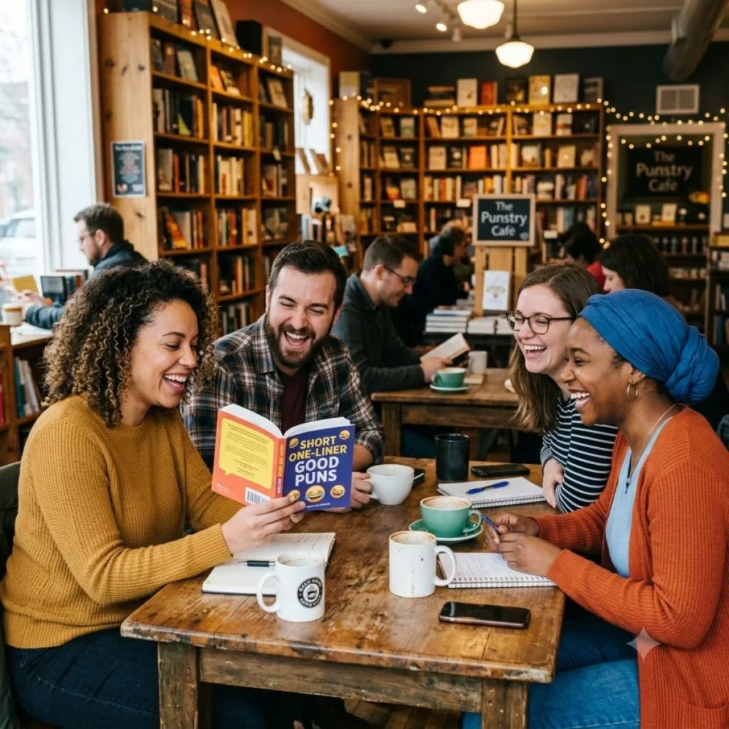 Four happy friends enjoying a laugh around a table while reading a book of short one-liner good puns inside a book cafe.