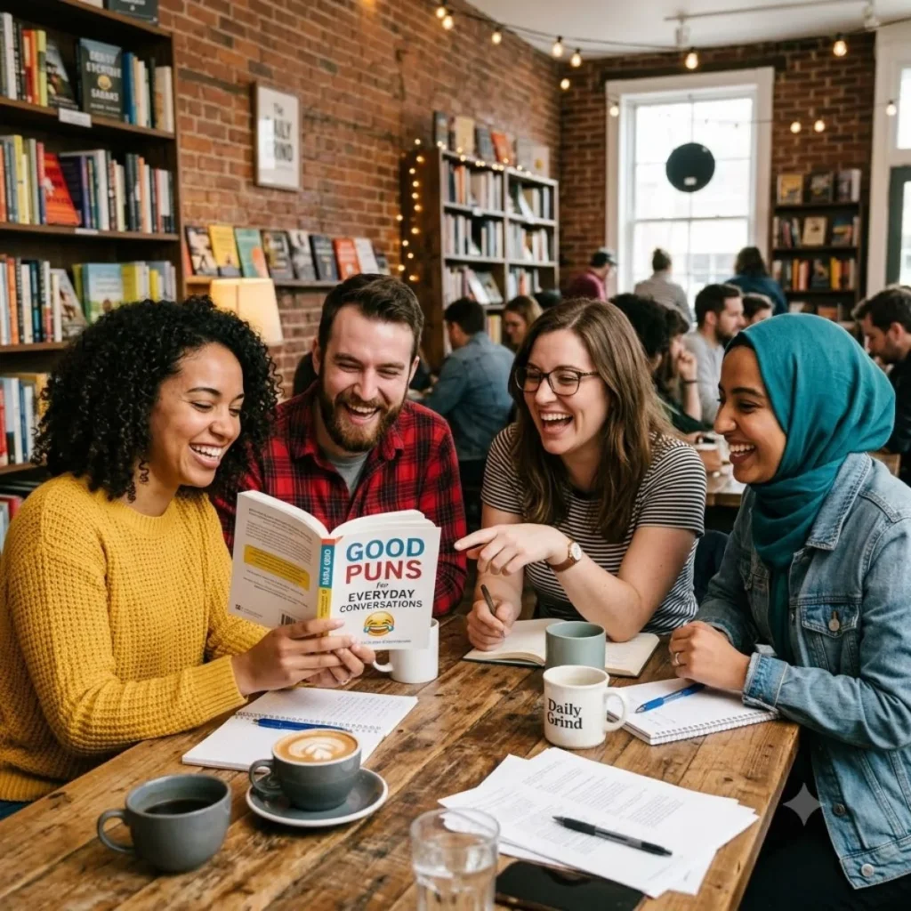 Four happy friends laughing together around a wooden table while reading a book of good puns inside a cozy bookstore cafe.