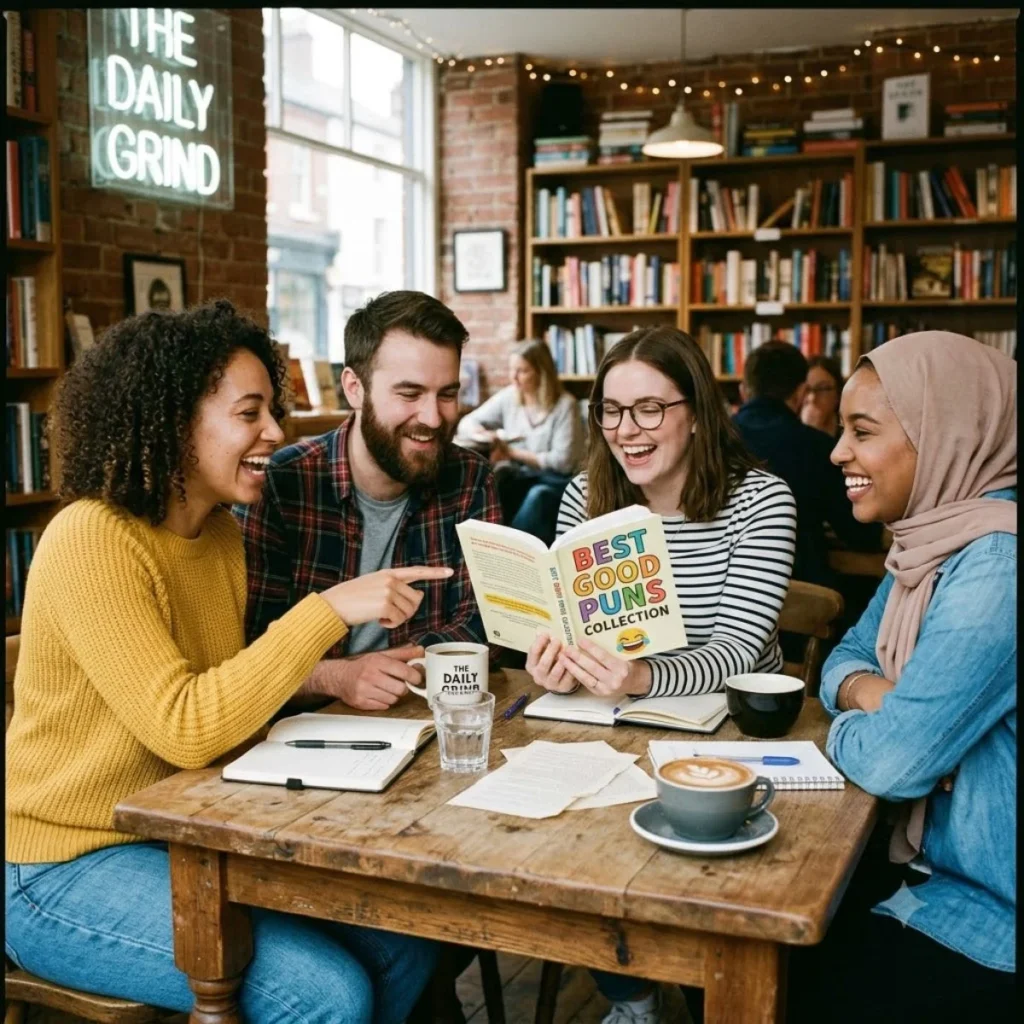 Four happy friends laughing together around a table while reading a book titled Best Good Puns Collection in a cafe.