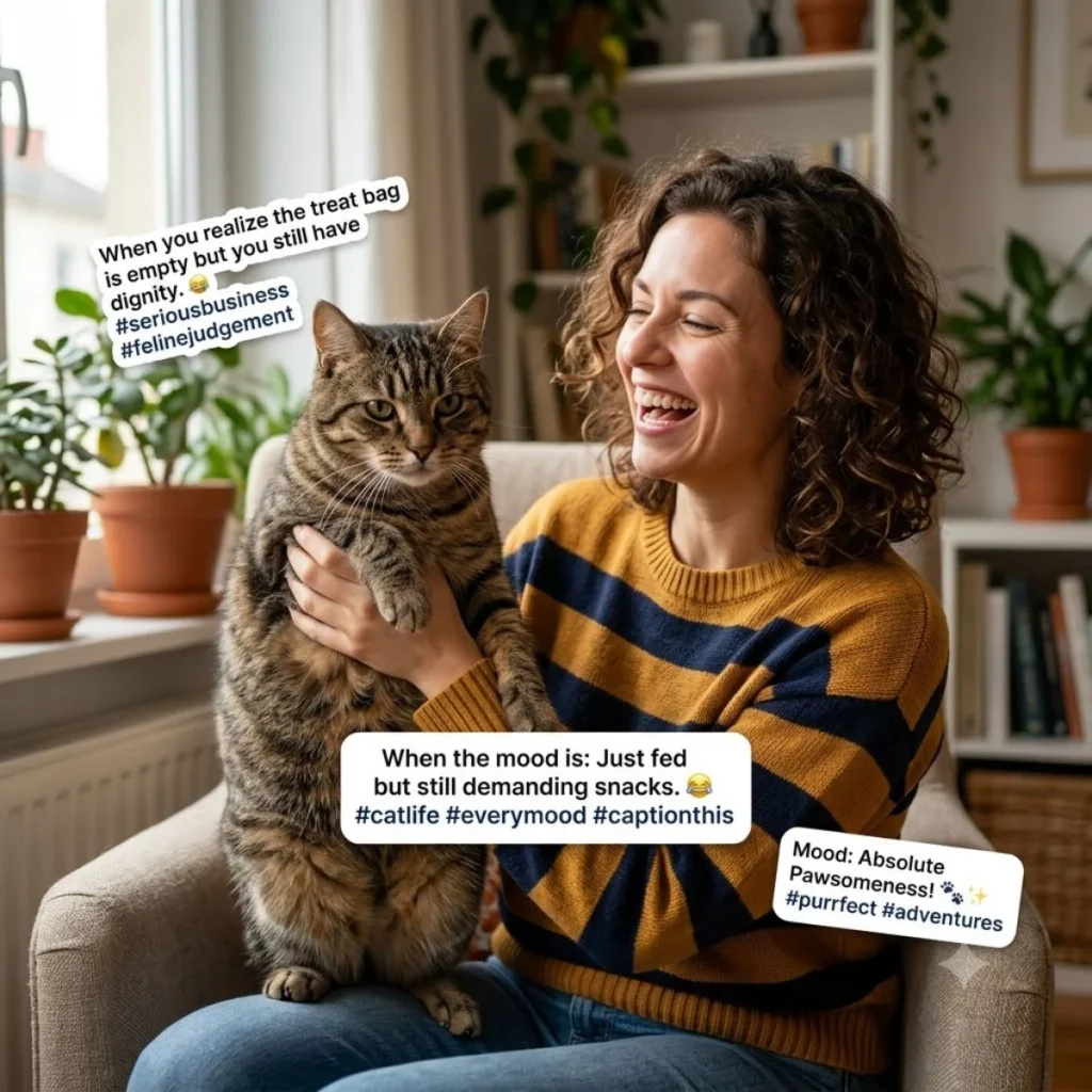 Laughing woman holding a tabby cat with funny animal caption text overlays.
