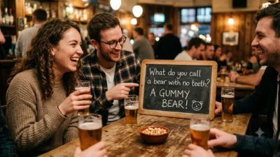 A group of friends laughing at a restaurant table with plates of pasta and a sign that reads Don't get UPSETTI Eat some SPAGHETTI.