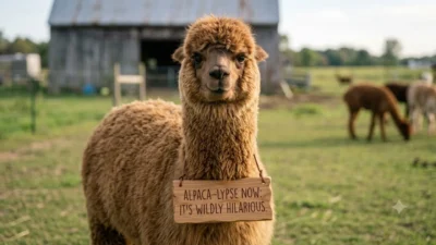 Fluffy alpaca wearing a funny animal pun sign on a farm.