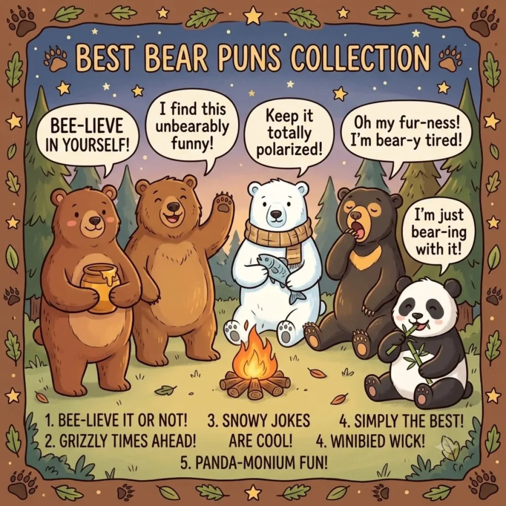 Cute cartoon bears sharing funny bear puns around a campfire in the woods.