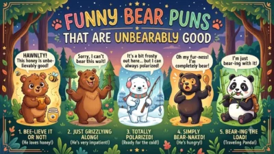 Cute illustrated bears presenting funny bear puns in a vibrant forest background, 1920x1080 desktop wallpaper.